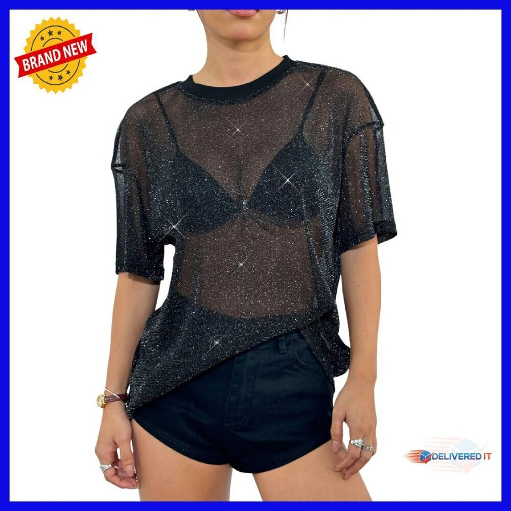 Sheer Sparkle Mesh Top Short Sleeve Loose Fit Party Blouse